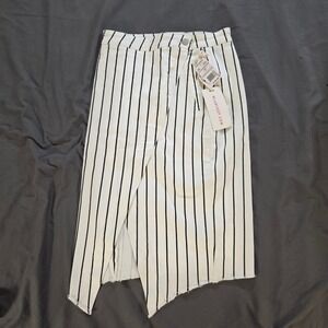 Wash Lab Denim Sally Asymmetrical Skirt 27 Black White Dtriped Midi NWT Raw Hem